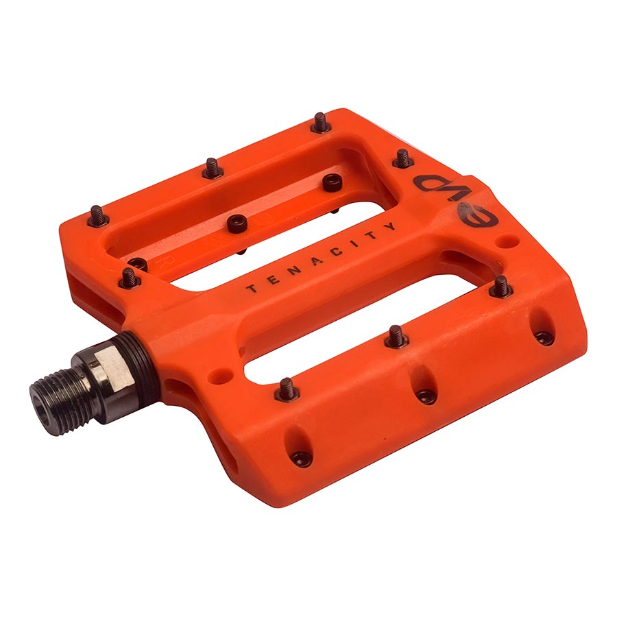 Pair of Evo Tenacity black platform pedals with textured surface and metal pins for improved grip on a bicycle.