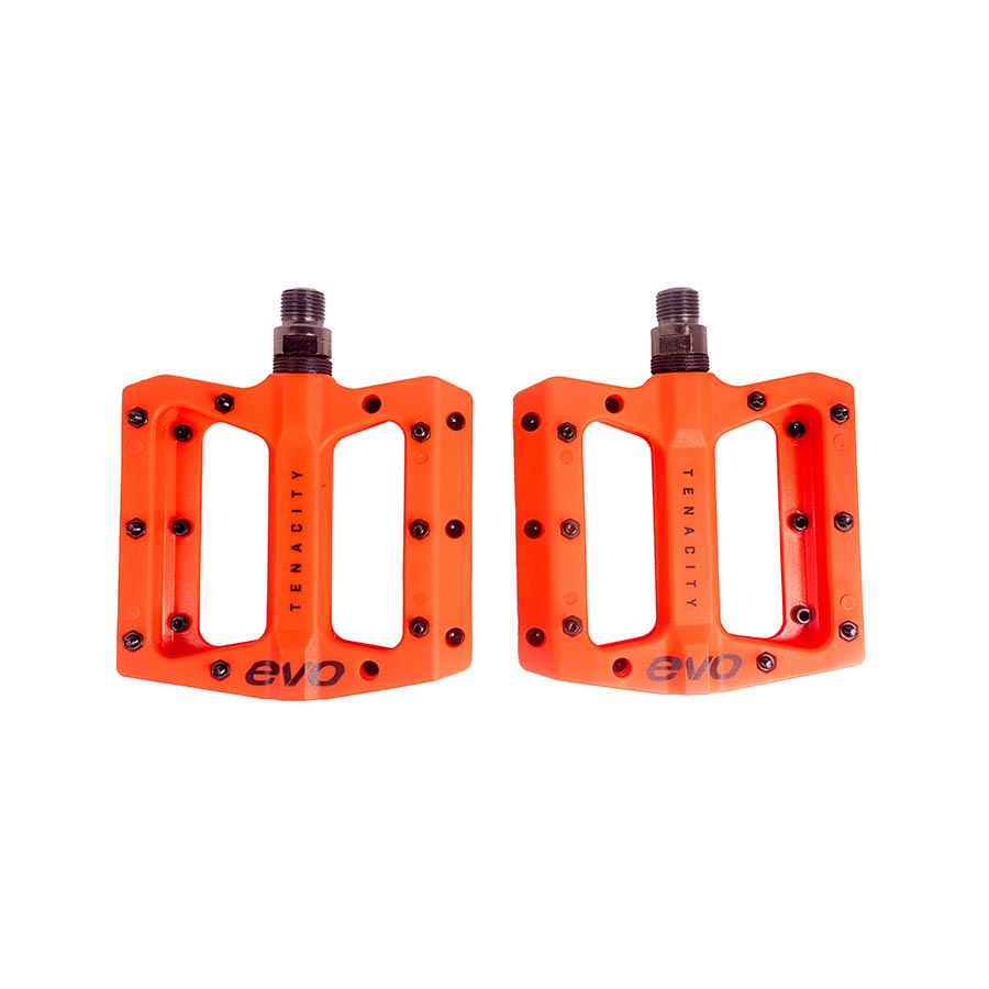 Pair of Evo Tenacity platform pedals in black with textured surfaces for secure grip and durable cycling performance.