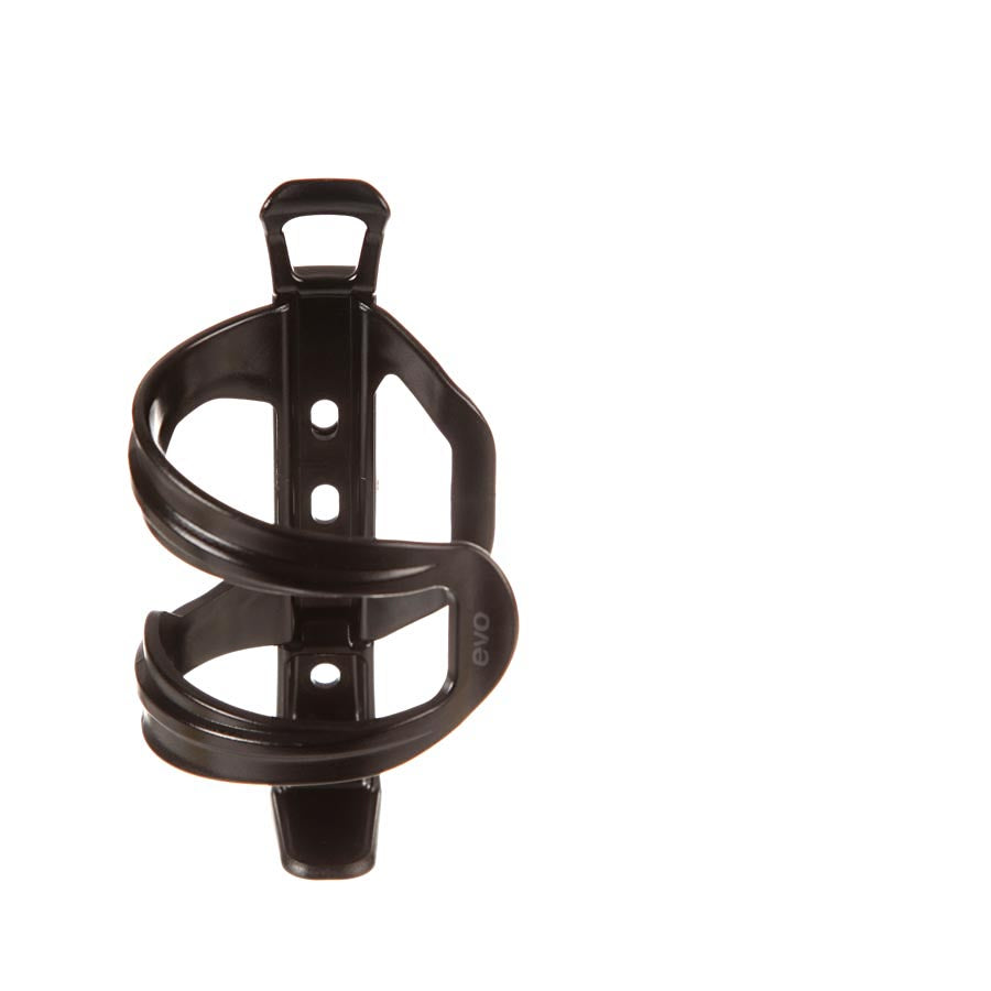 Black Evo Trego bottle cage attached to a bicycle frame, designed for secure water bottle storage during rides.
