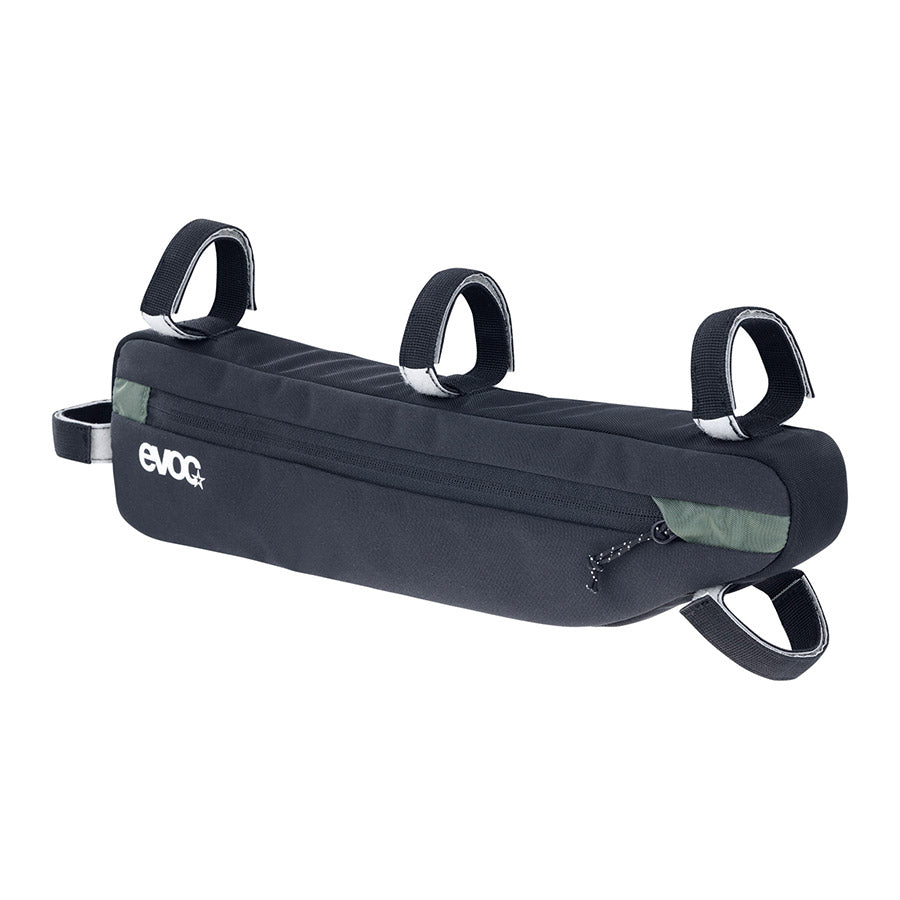 EVOC Frame Pack frame bag attached to bicycle frame, designed for storage during cycling adventures.