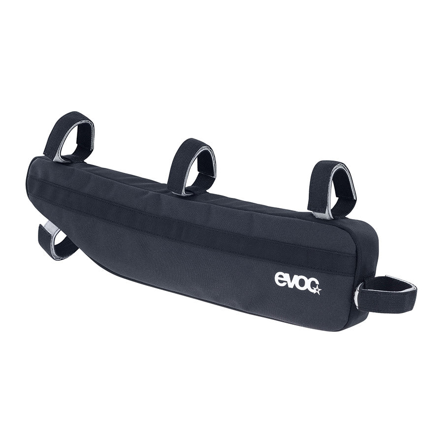 EVOC frame pack for bikes, durable frame bag with multiple compartments, mounted on a bicycle frame for storage and convenience.