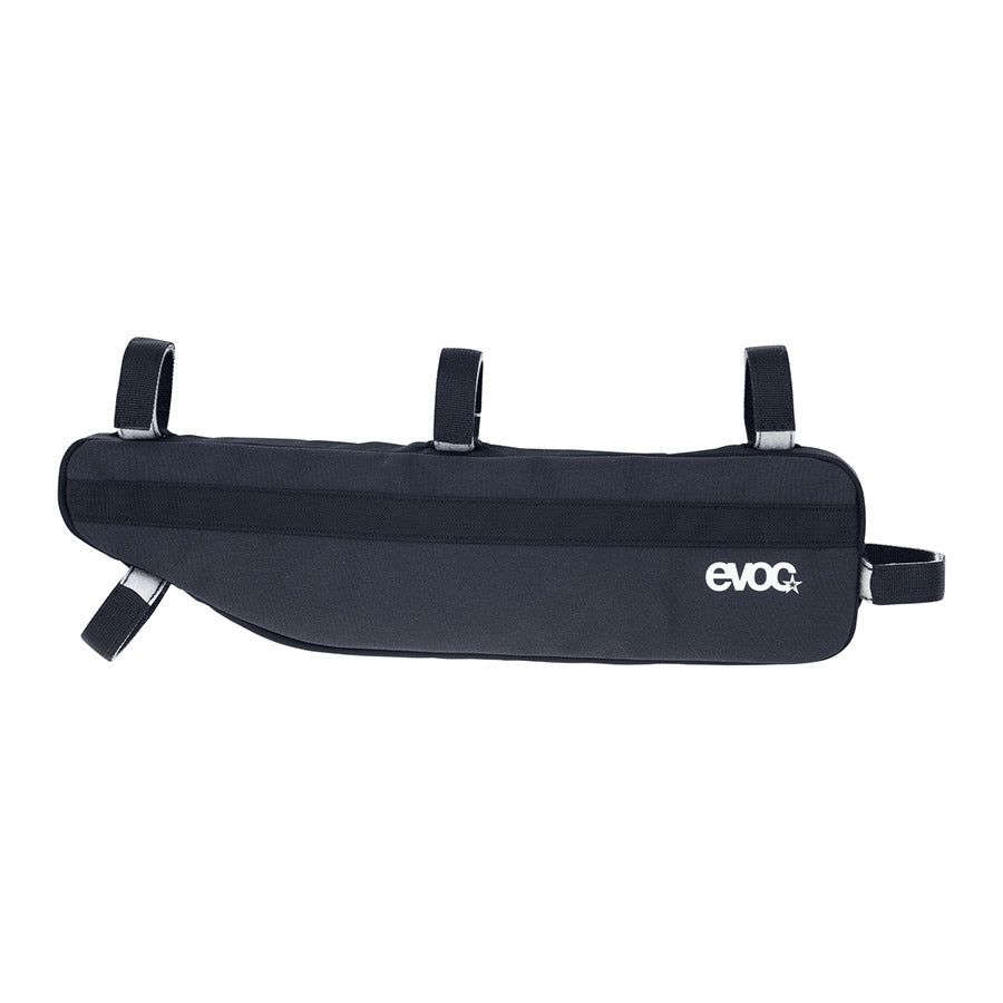 EVOC Frame Pack frame bag attached to a bike frame, showcasing durable construction and secure mounting for cycling gear.