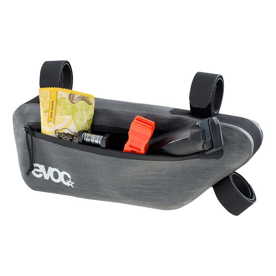EVOC Frame Pack WP frame bag in carbon grey, 3.5L storage, mounted on a bicycle frame for easy access and secure fit.