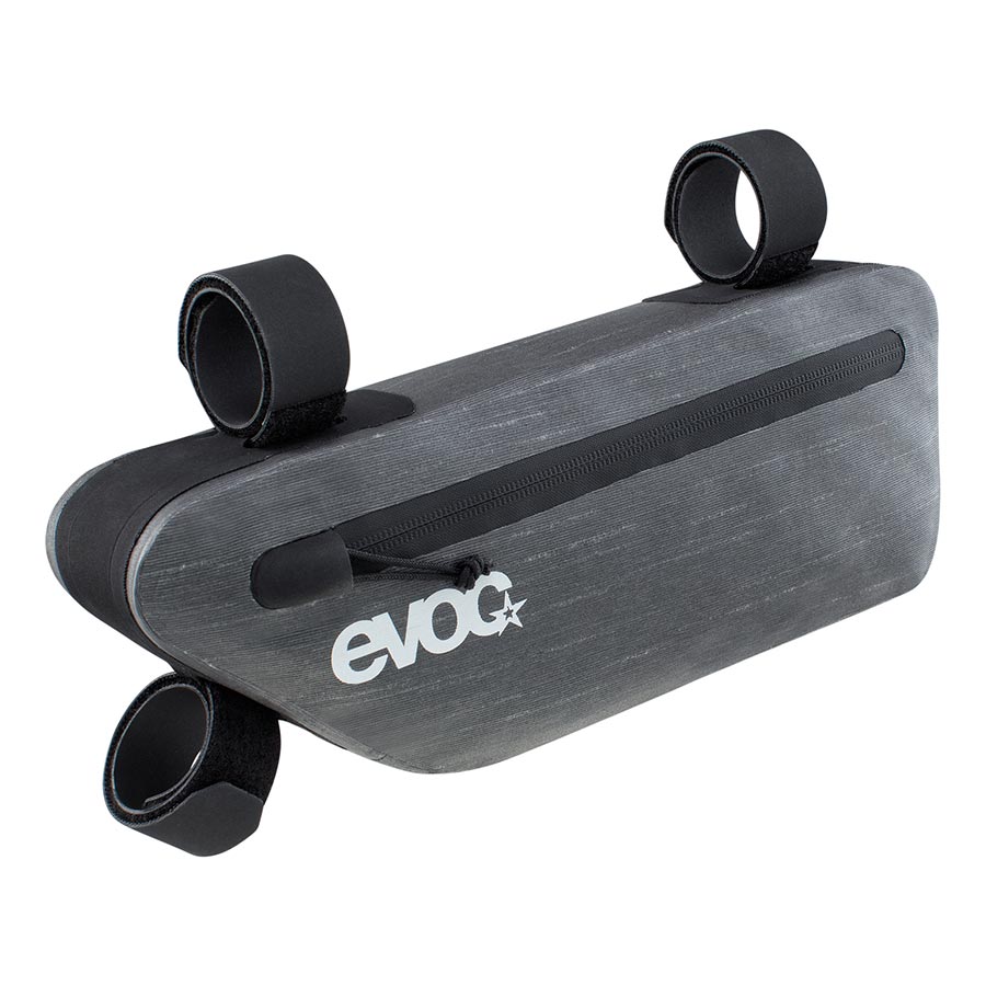 EVOC Frame Pack WP frame bag in carbon grey with 3.5L capacity, mounted on a bicycle frame for convenient storage.