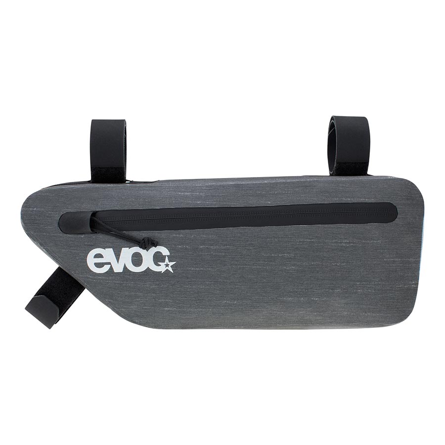EVOC Frame Pack WP frame bag in carbon grey with 3.5L capacity, mounted on a bicycle frame for convenient storage.