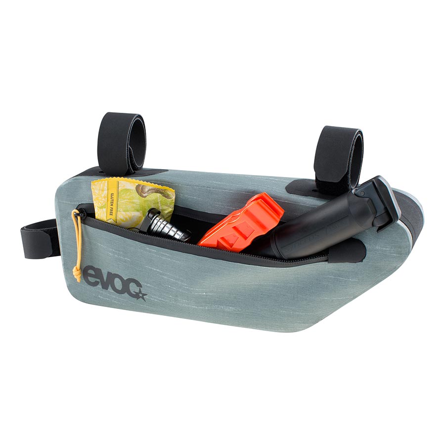 EVOC Frame Pack WP frame bag in carbon grey, 3.5L capacity, designed for bike frame storage with durable material and secure fit.