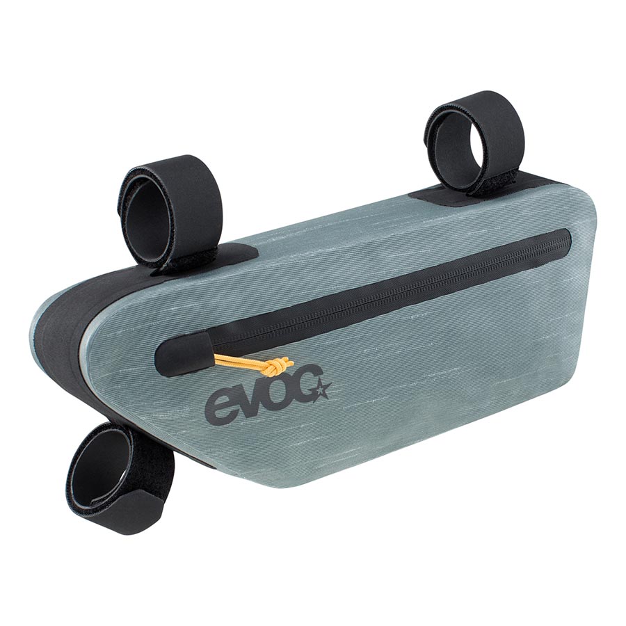 EVOC Frame Pack WP frame bag in carbon grey, 3.5L capacity, mounted on bike frame for storage and hydration.