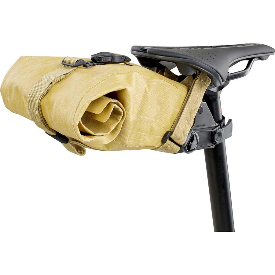 Grey EVOC Seat Pack Boa L seat bag with adjustable straps and compact storage for cycling essentials.