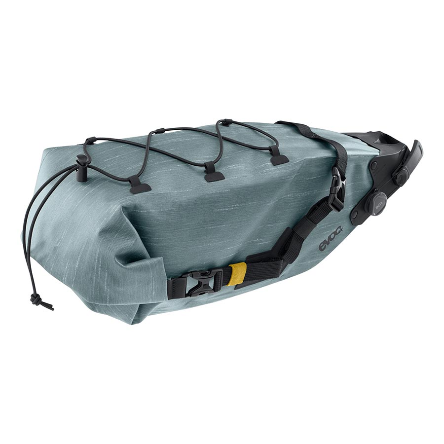 EVOC Seat Pack Boa WP seat bag in carbon grey, 12L, waterproof, designed for bike saddle storage with secure strap system.