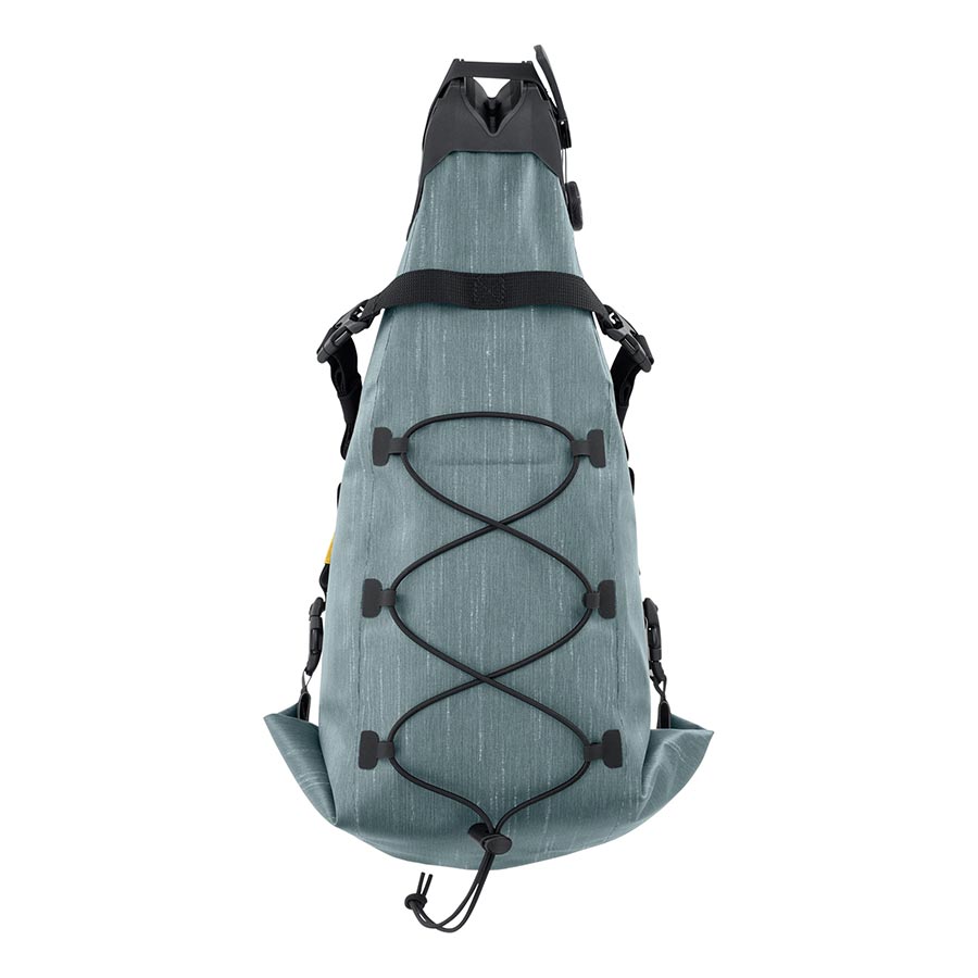 EVOC Seat Pack Boa WP seat bag in 12L carbon grey, designed for bike rides, with adjustable straps and waterproof material.