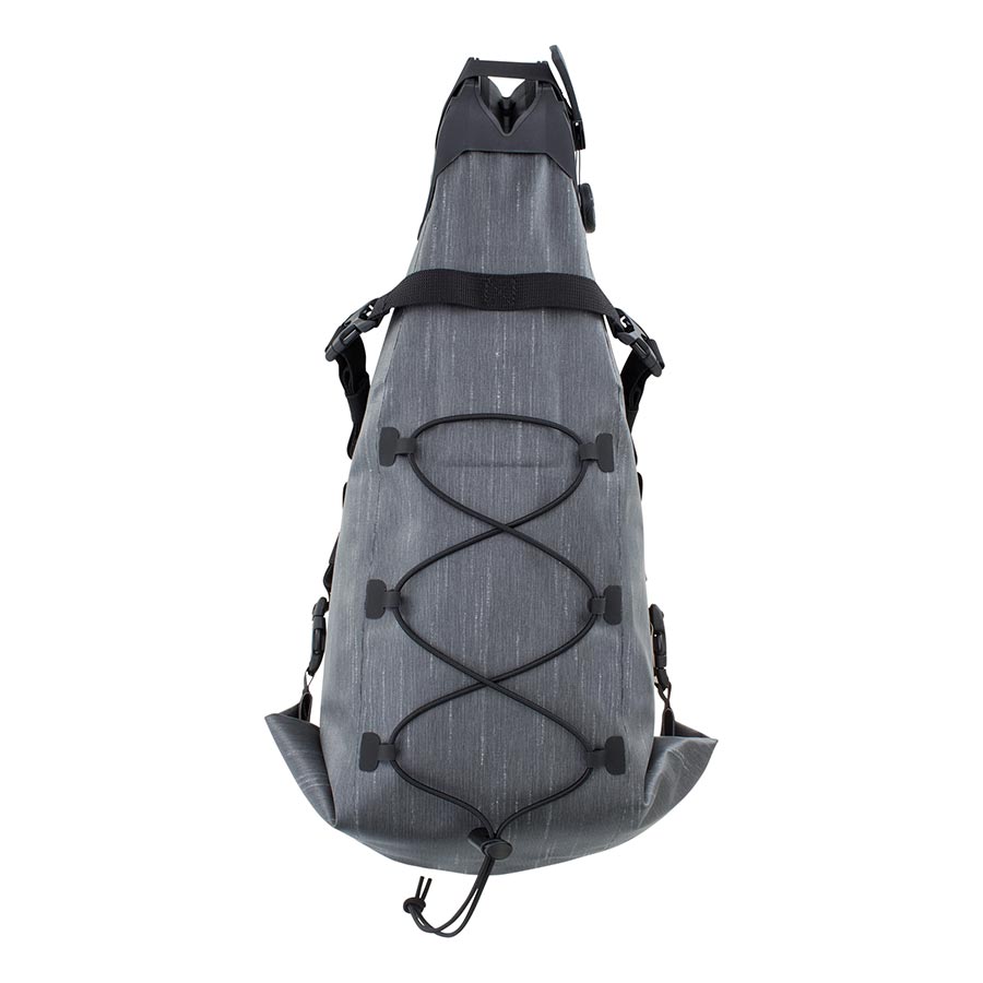 EVOC Seat Pack Boa WP seat bag in 12L, carbon grey, waterproof, compact storage for cycling bikes with quick-attach system.