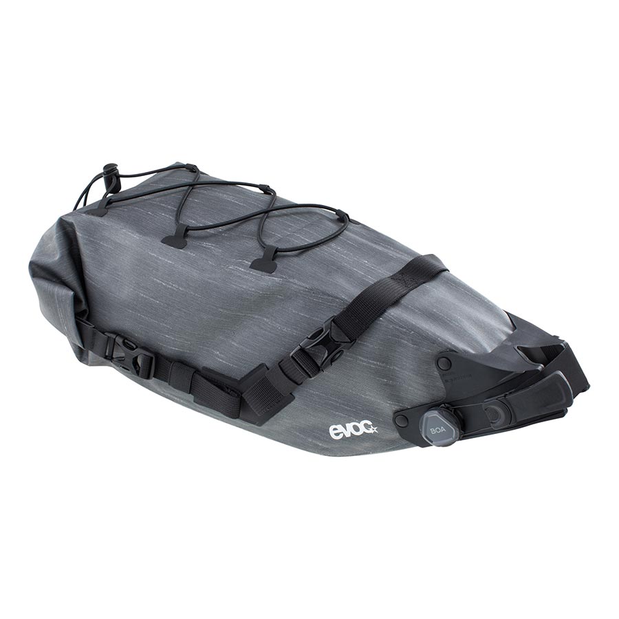 EVOC Seat Pack Boa WP seat bag in carbon grey, 12L capacity, designed for bike saddle storage with secure attachment system