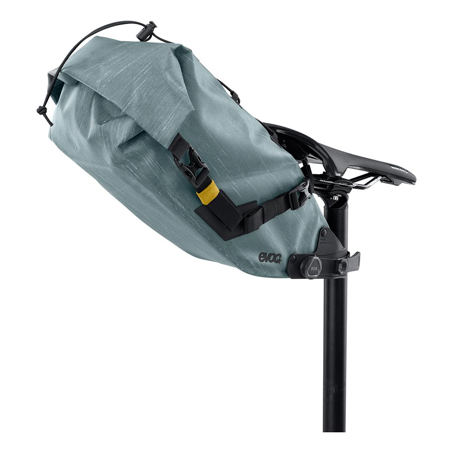 EVOC Seat Pack Boa WP seat bag in carbon grey, 12L size, designed for bike storage with waterproof and secure fastening features.