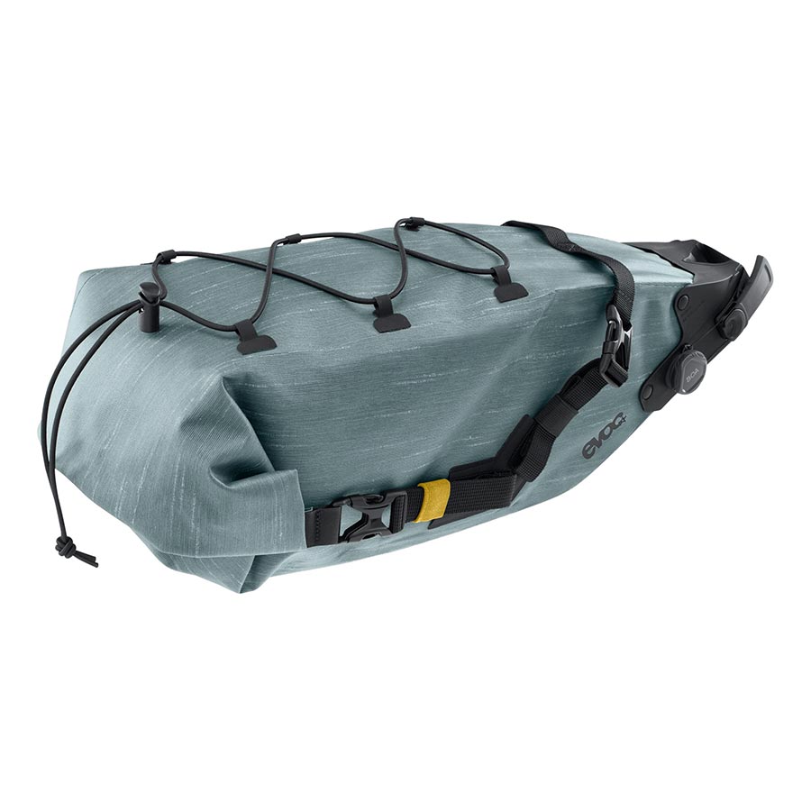 EVOC Seat Pack Boa WP seat bag in 12L, carbon grey, waterproof with secure straps, designed for bike saddle storage.