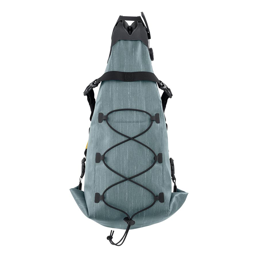 EVOC Seat Pack Boa WP mountain bike seat bag in carbon grey, 12L waterproof storage with adjustable straps and sleek design.