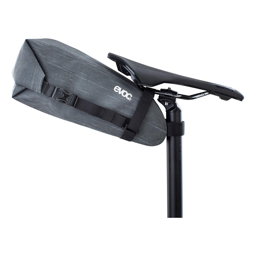 EVOC Seat Pack WP seat bag in carbon grey, 2L capacity, designed for bike saddle storage, waterproof and lightweight.