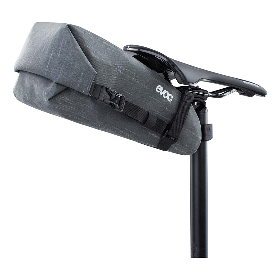 EVOC Seat Pack WP seat bag in carbon grey with 2L capacity, designed for bike saddle storage and waterproof protection.