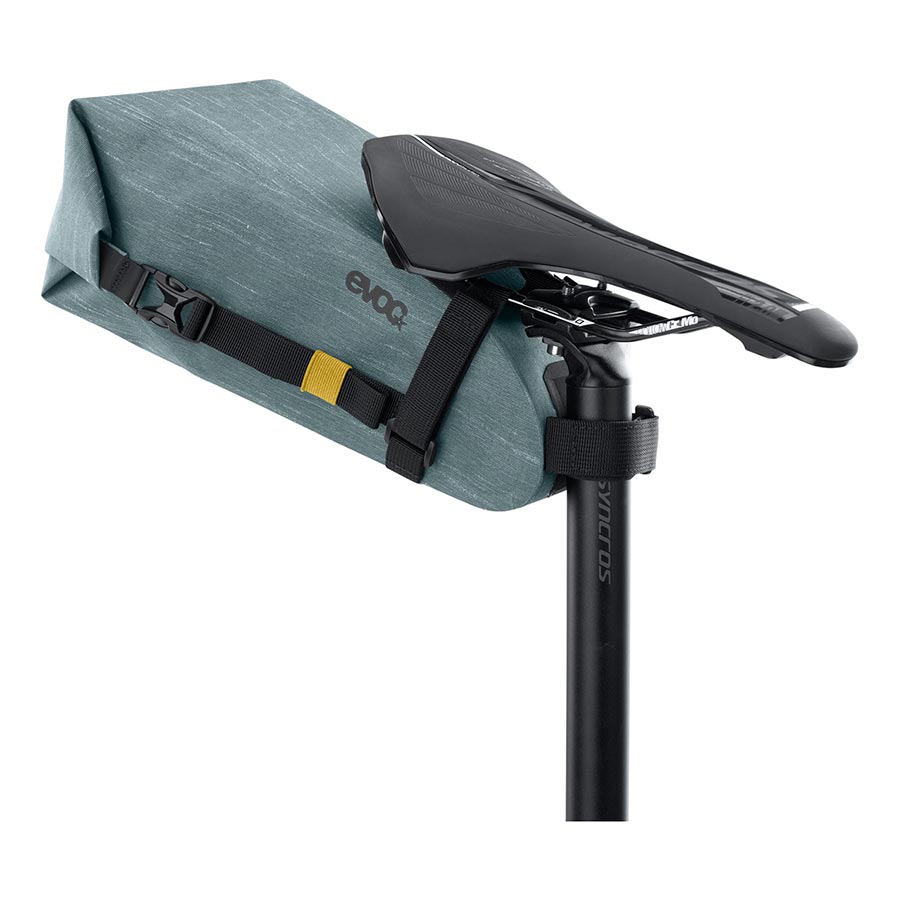 EVOC Seat Pack WP seat bag in carbon grey, 2L waterproof storage for cycling with adjustable straps and secure fit.