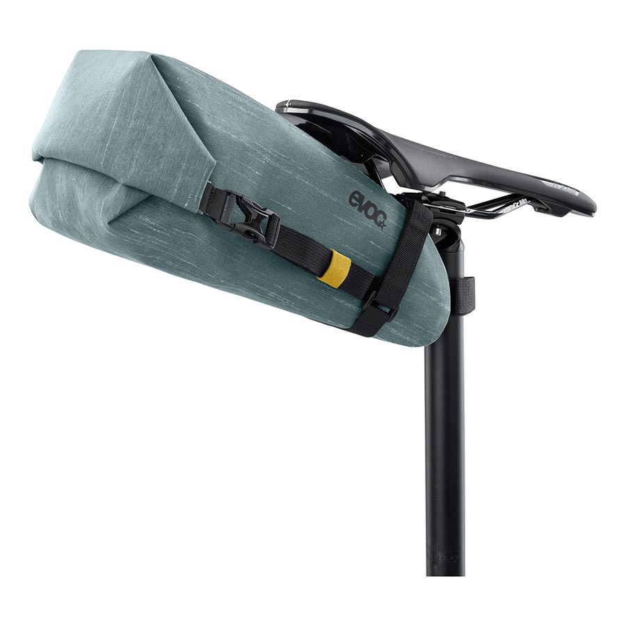 EVOC Seat Pack WP seat bag in carbon grey with 2L capacity, designed for lightweight bike storage and secure attachment.