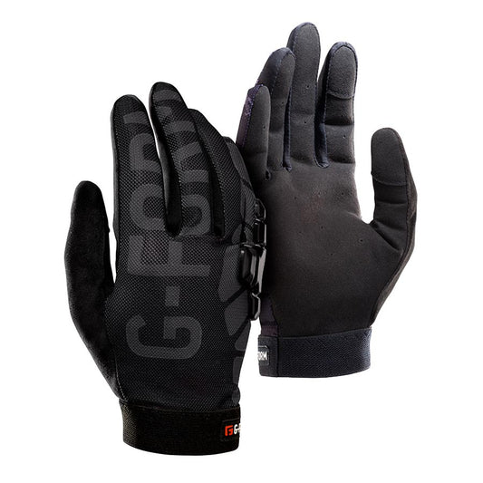 Pair of G-Form Sorata 2 Trail Gloves, full finger gloves designed for trail activities, shown in black with textured palms.