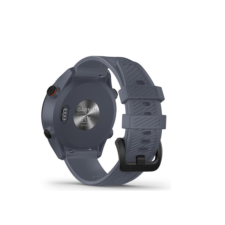 Garmin Approach S12 GPS watch with black silicone wristband, digital display, and sports tracking features.
