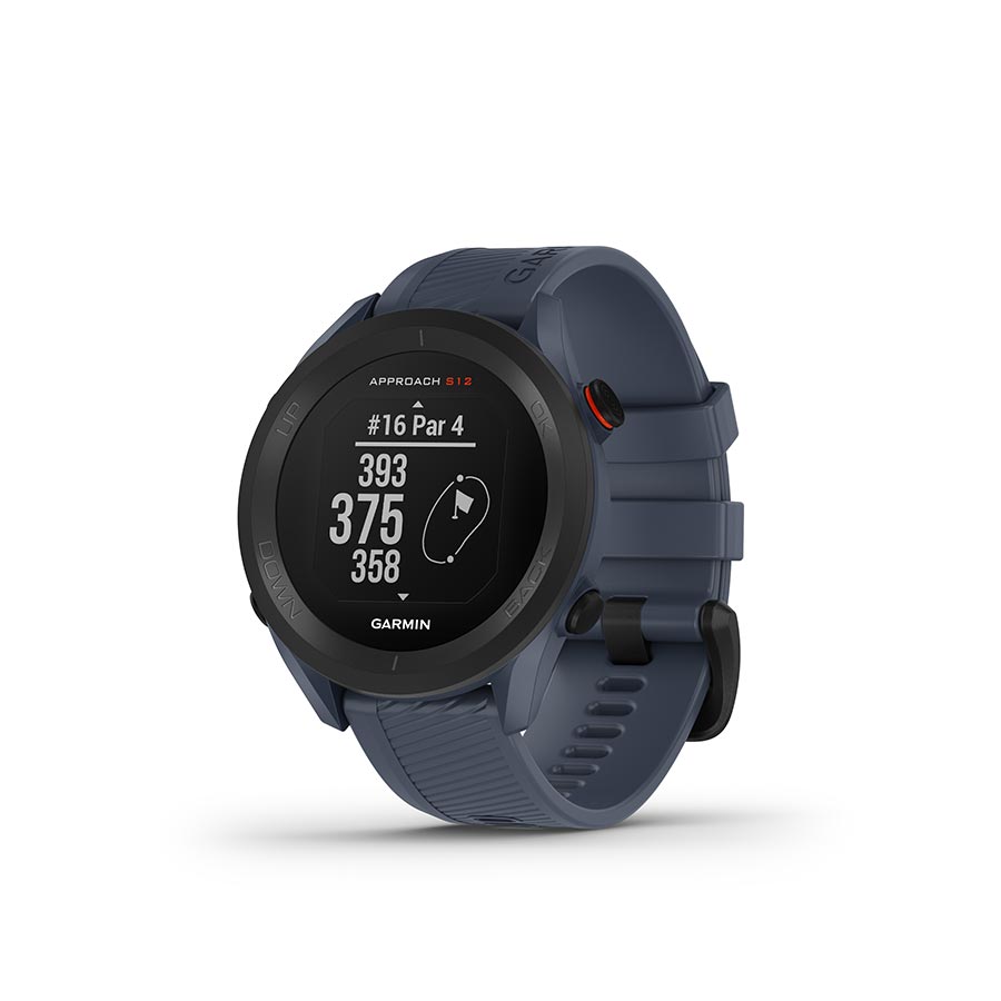 Garmin Approach S12 watch with black silicone wristband, digital display, and sporty design on a white background.