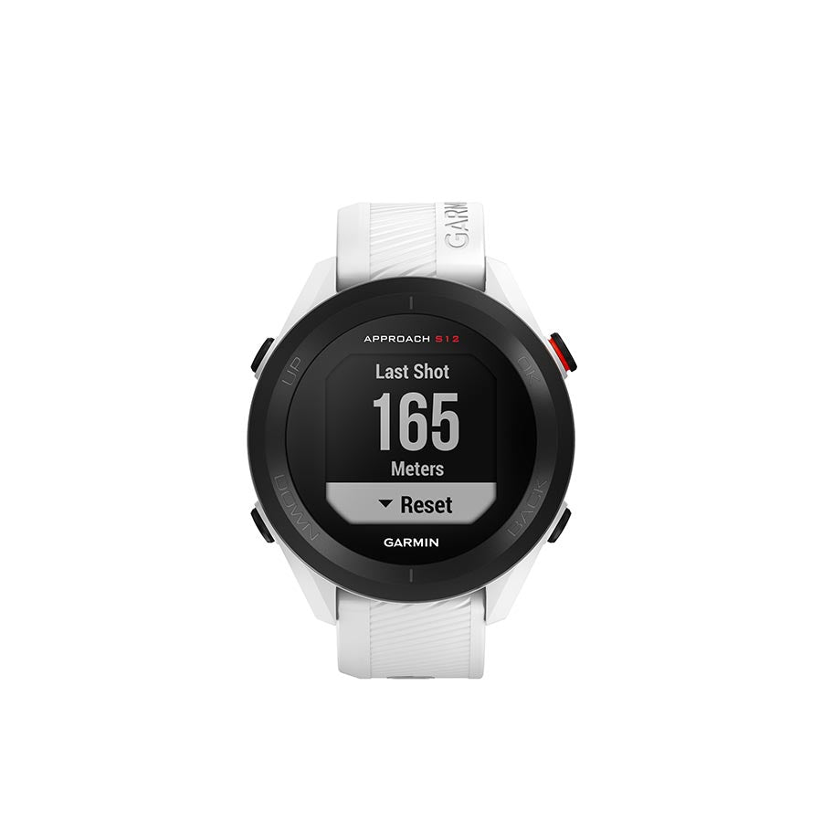 Garmin Approach S12 watch with black silicone wristband, digital display, designed for golf and fitness tracking.