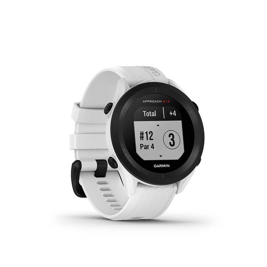Garmin Approach S12 GPS watch with black silicone wristband, digital display, designed for golf and outdoor activities