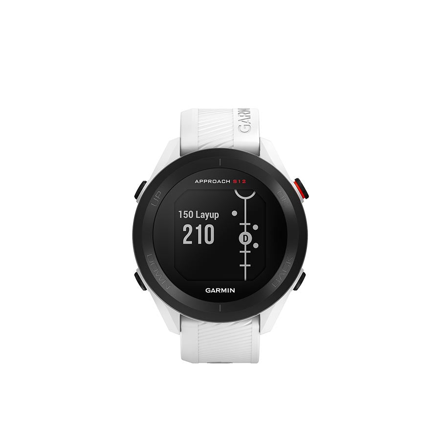 Garmin Approach S12 GPS watch with black silicone wristband, digital display and sporty design.