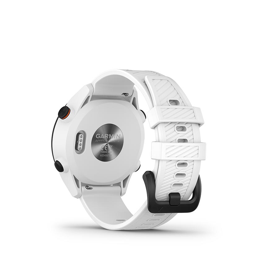 Garmin Approach S12 watch with black silicone wristband, digital display, designed for golf and fitness tracking.