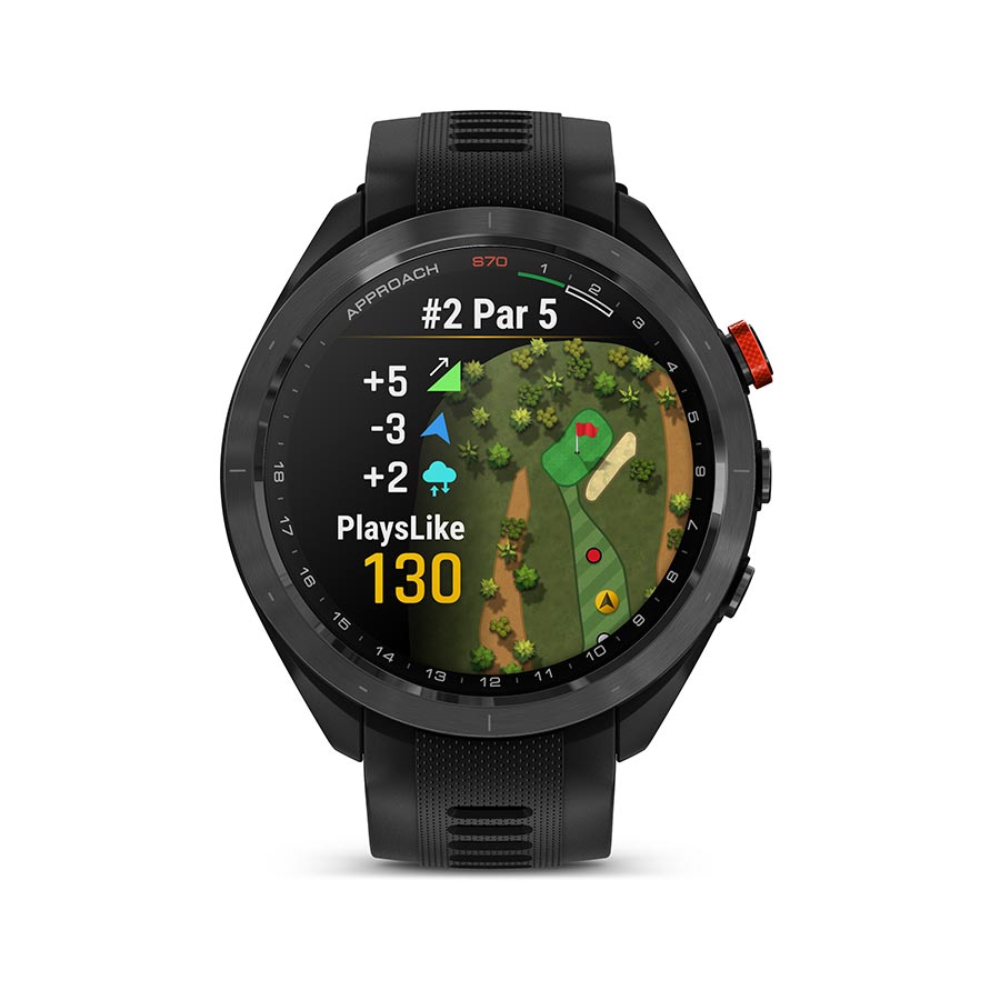 Garmin Approach S70 golf watch with black silicone wristband, digital display showing time and golf metrics