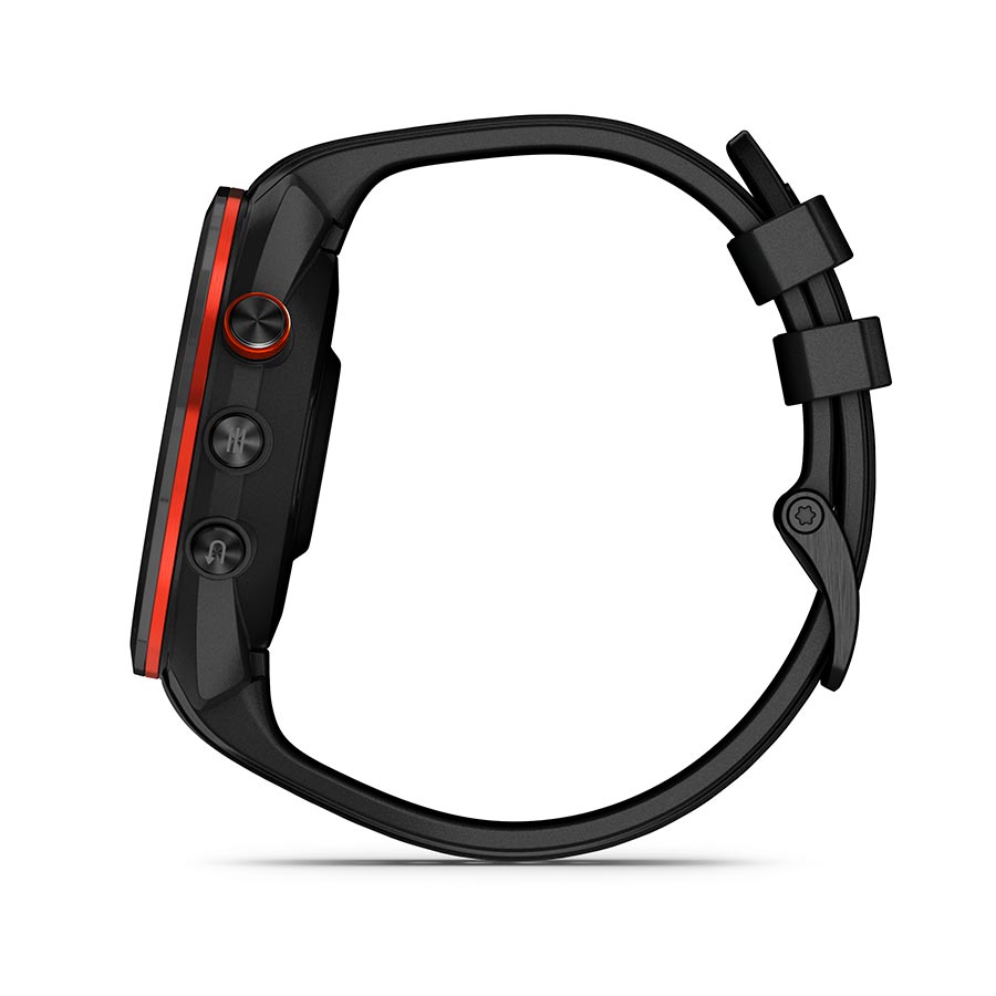 Garmin Approach S70 golf watch with black silicone wristband and digital display on a black background.