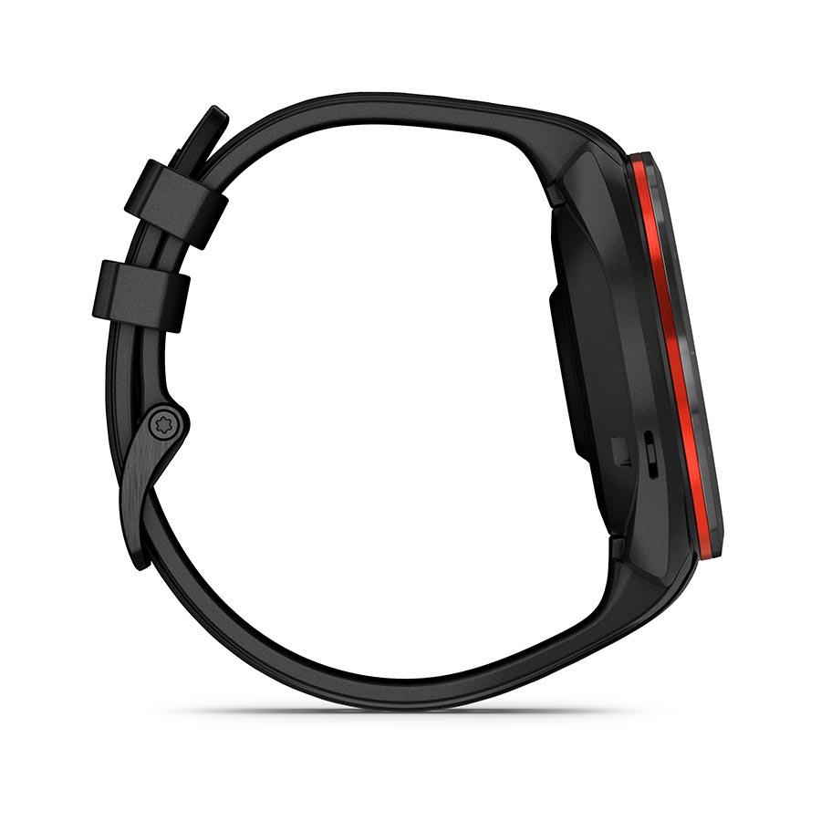 Garmin Approach S70 golf watch with black silicone wristband and digital display showing time and golf-related metrics.