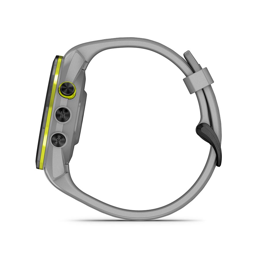 Garmin Approach S70S GPS watch with a grey silicone strap and display on a grey wristband showing fitness features