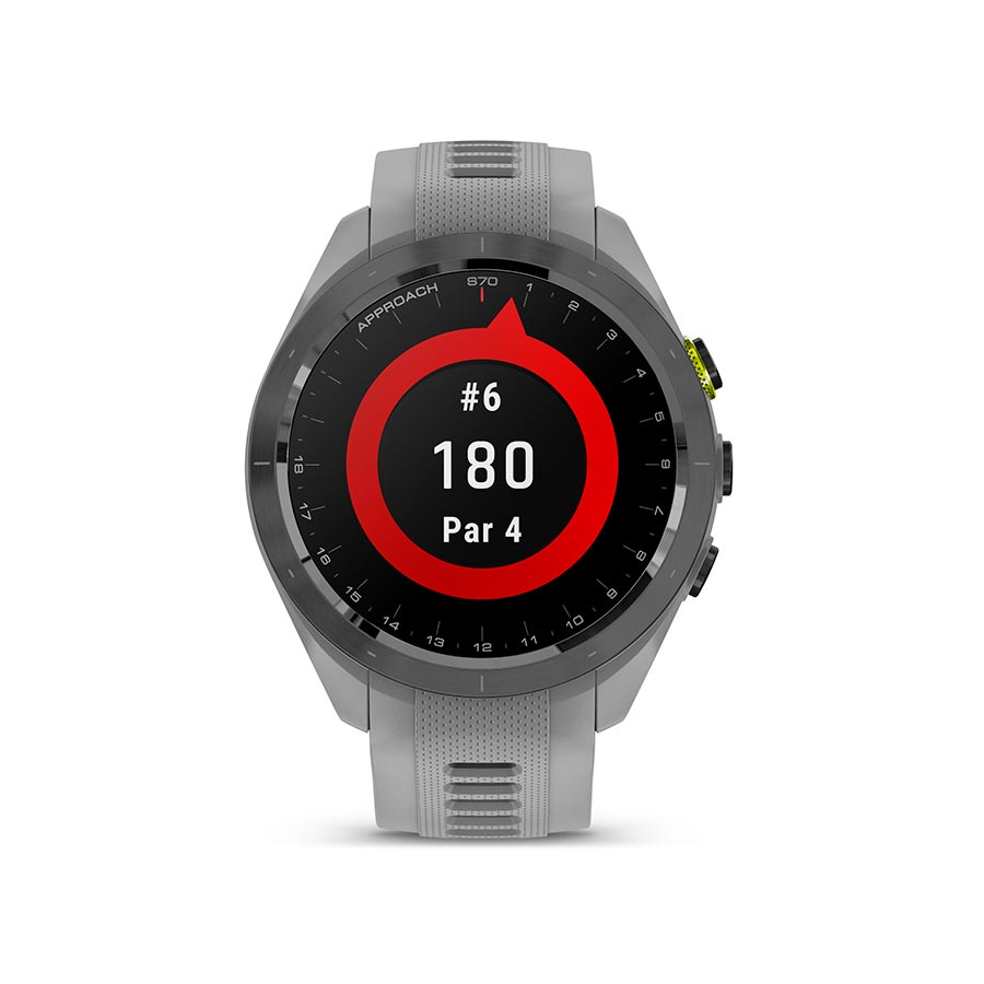 Garmin Approach S70S watch with grey silicone wristband and digital display on a grey background