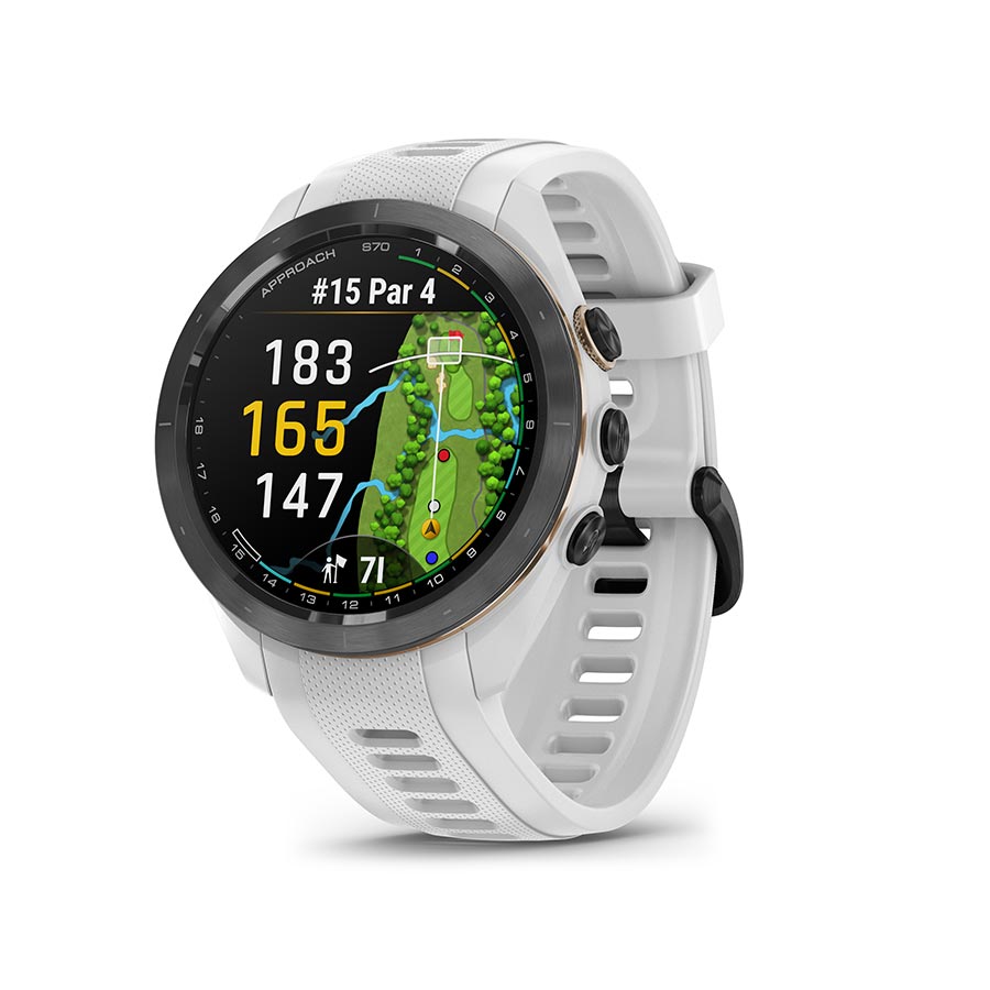 Garmin Approach S70S GPS watch with grey silicone wristband, displaying a digital watch face on a grey background.