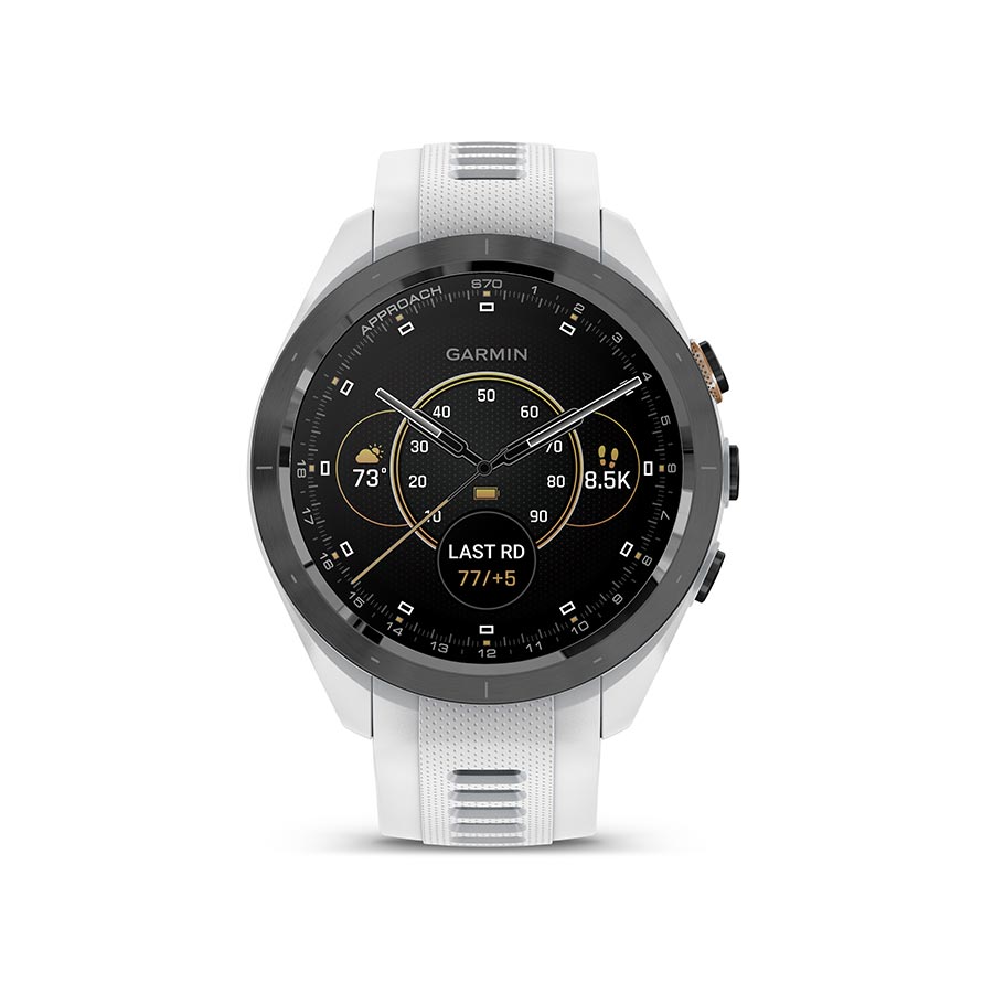 Garmin Approach S70S GPS watch with grey silicone wristband and digital display showing outdoor activity features.
