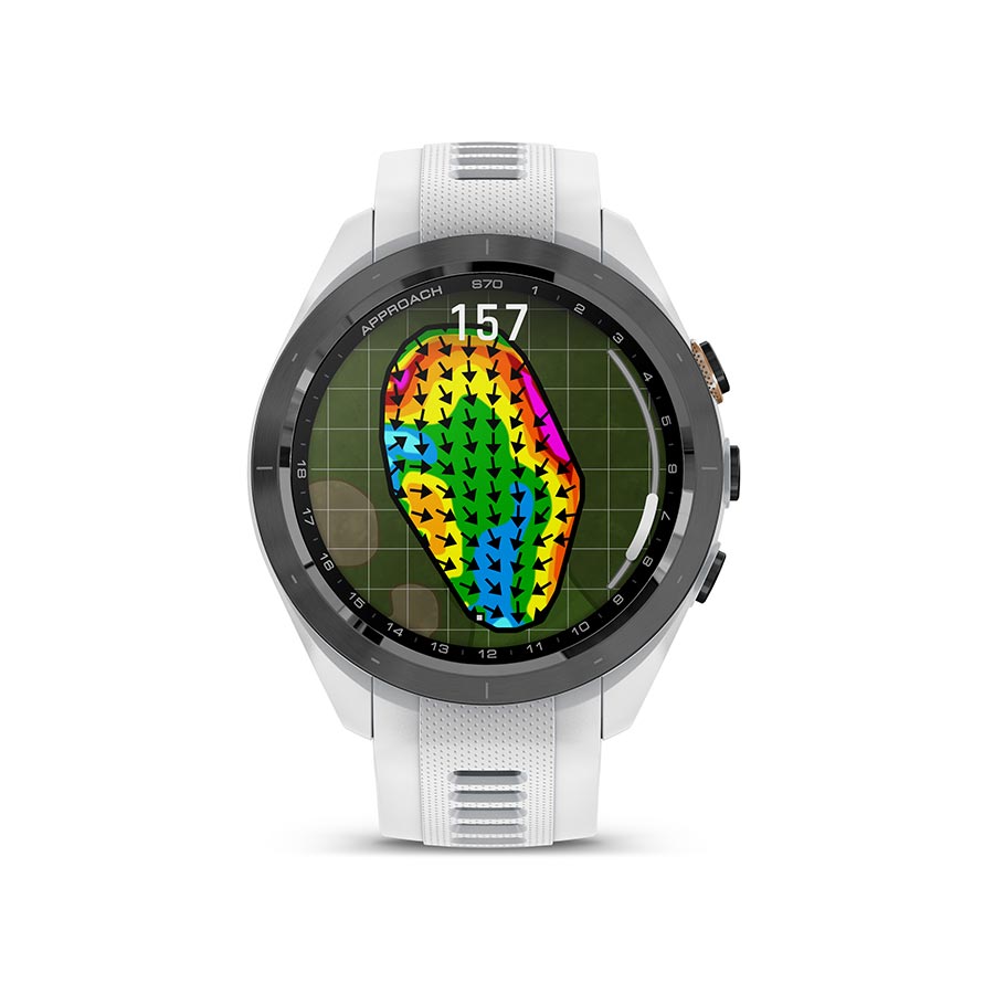 Garmin Approach S70S watch with grey silicone wristband, digital display showing sports and fitness tracking features.