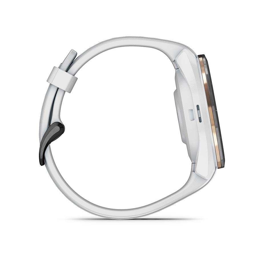 Garmin Approach S70S watch with grey silicone wristband, showing digital display and sleek design.