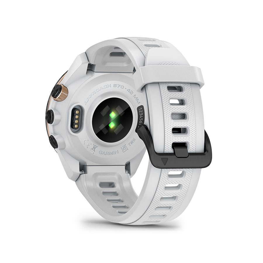 Garmin Approach S70S watch with grey silicone wristband, display screen, and sporty design for golf and fitness activities.