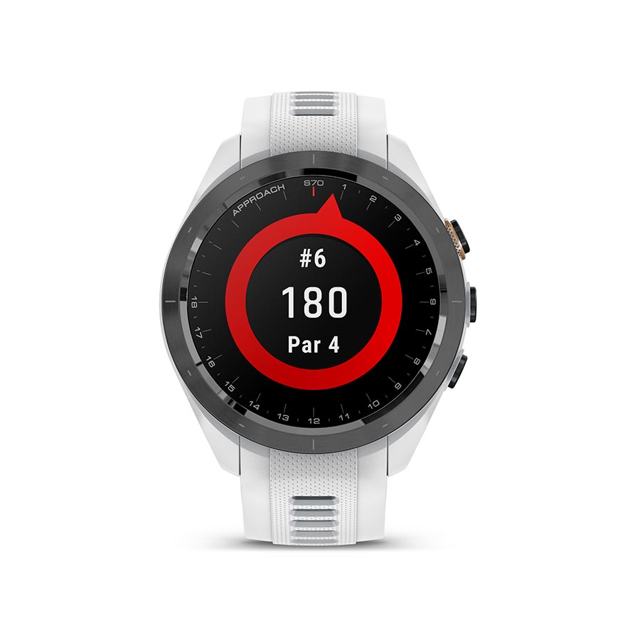 Garmin Approach S70S watch with grey silicone wristband, digital display, and sporty design on a white background.