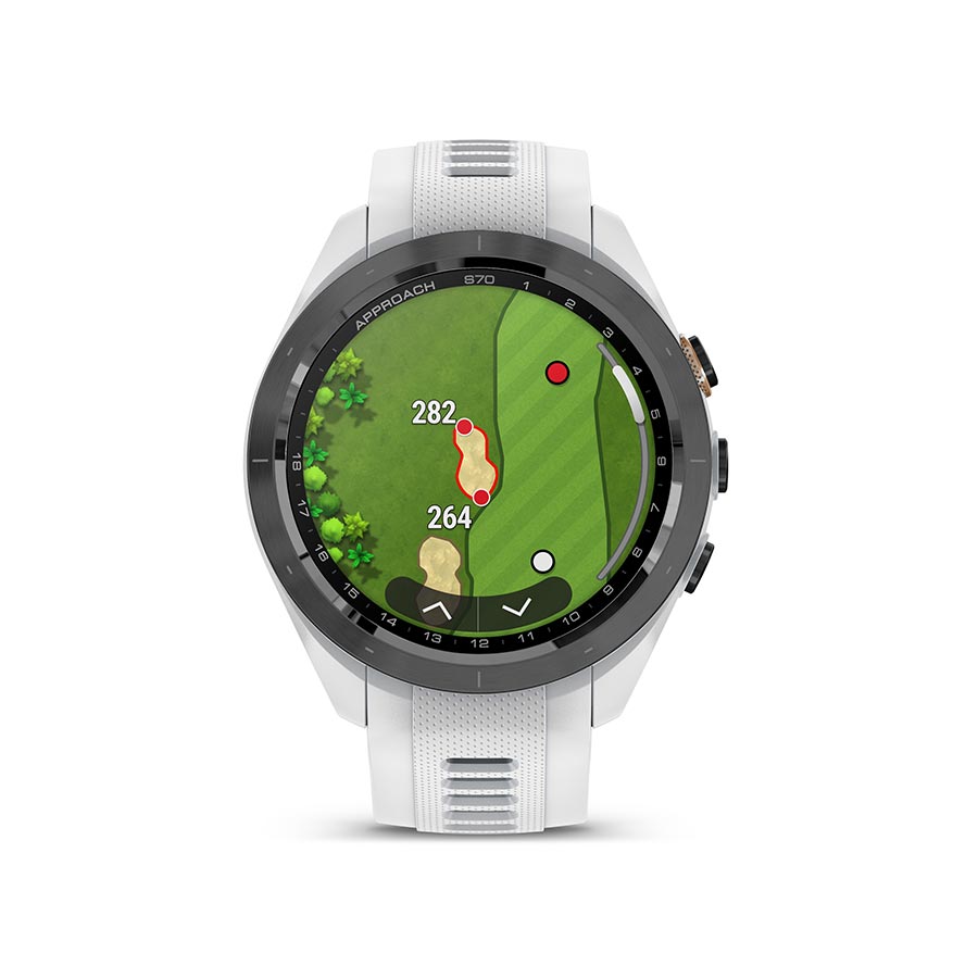 Garmin Approach S70S smartwatch with grey silicone wristband, digital display, fitness tracking features, on a plain background.