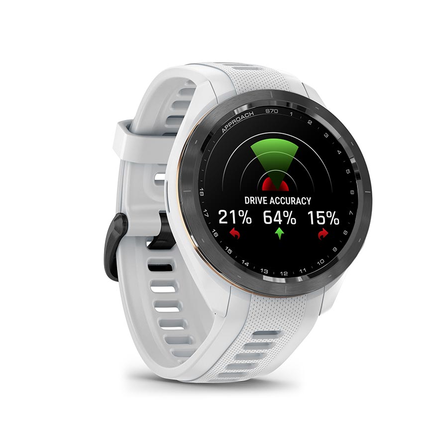 Garmin Approach S70S GPS watch with grey silicone wristband, digital display, and sporty design on a grey background.