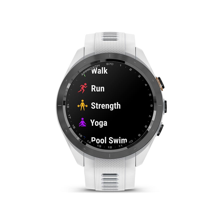 Garmin Approach S70S GPS smartwatch with grey silicone wristband, fitness tracking features, and sleek design.