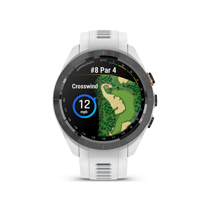 Garmin Approach S70S GPS watch with grey silicone wristband and digital display on a grey background.