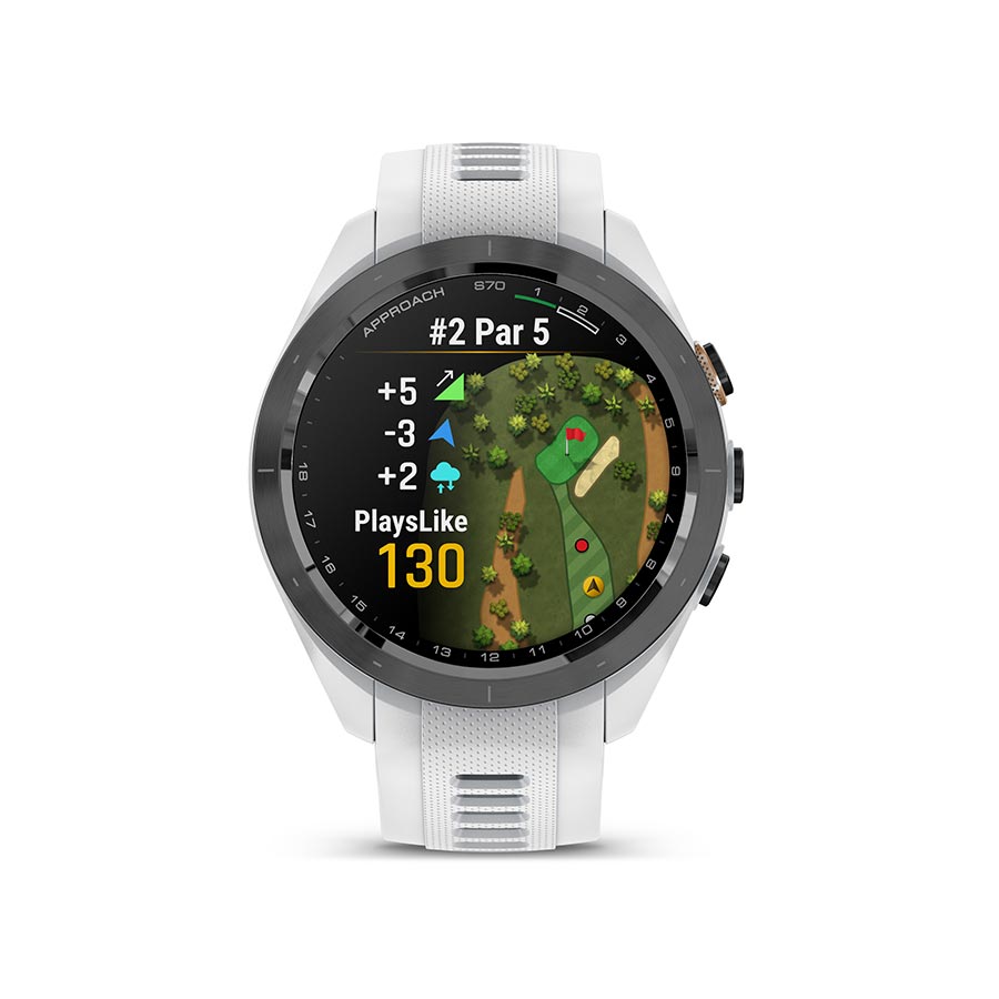 Garmin Approach S70S watch with grey silicone wristband and display, designed for sports and outdoor activities.