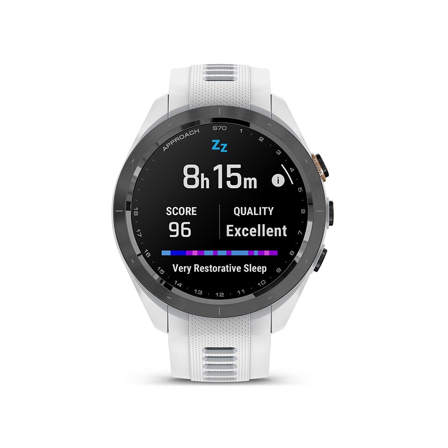 Garmin Approach S70S watch with a grey silicone wristband, displaying a digital watch face on a sleek grey design.