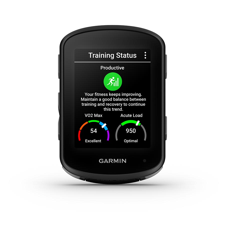 Garmin Edge 540 computer unit in black, showing screen and buttons for cycling navigation and performance tracking.