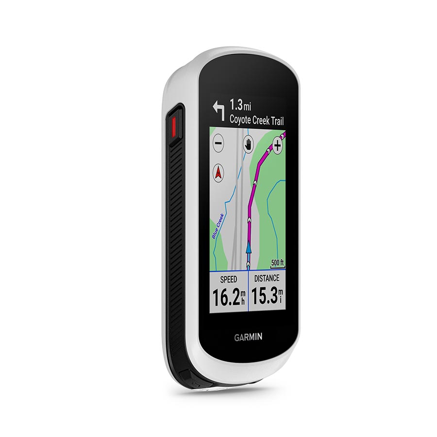 Garmin Edge Explorer 2 GPS cycling computer with bundle, white color, showing screen and mounted on bike handlebar