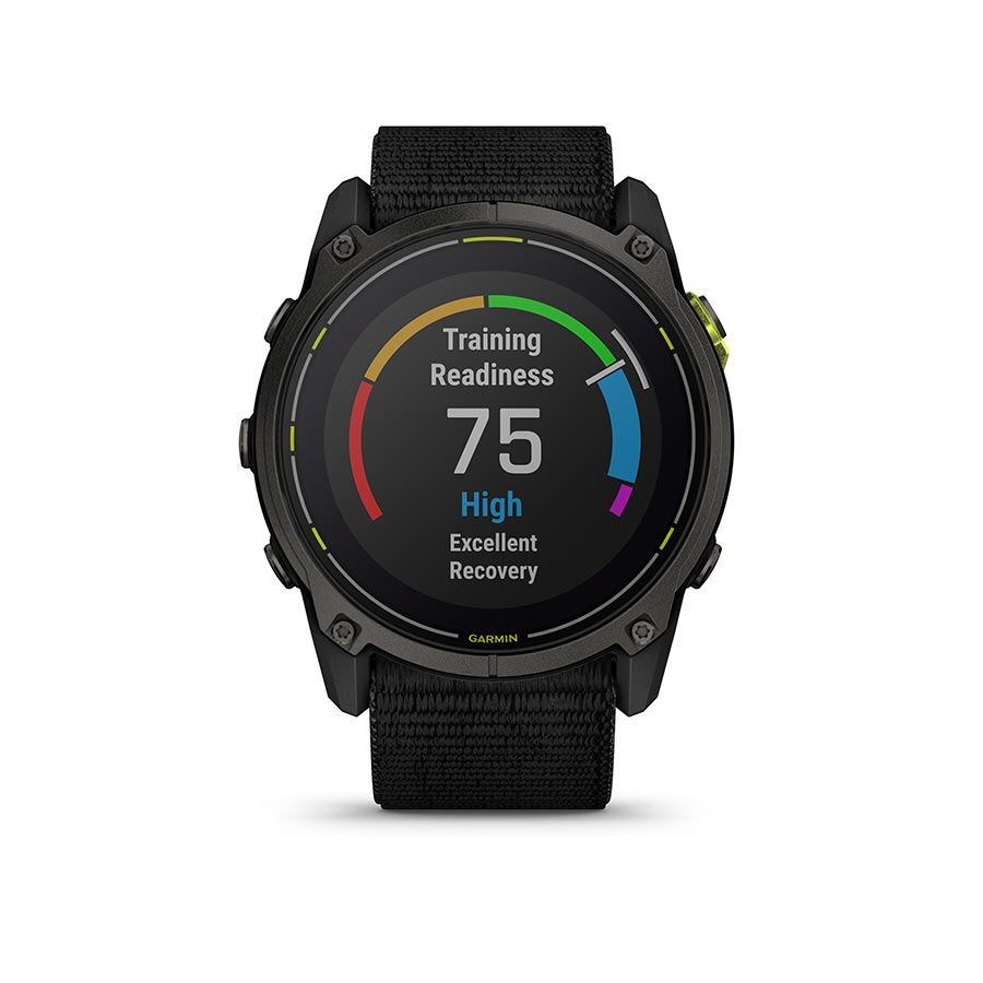 Garmin Enduro 3 watch with black silicone wristband, digital display, and sporty design for outdoor activities.